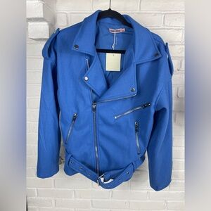Skylar Rose‎ blue moto jacket Large belted zip front structured coat